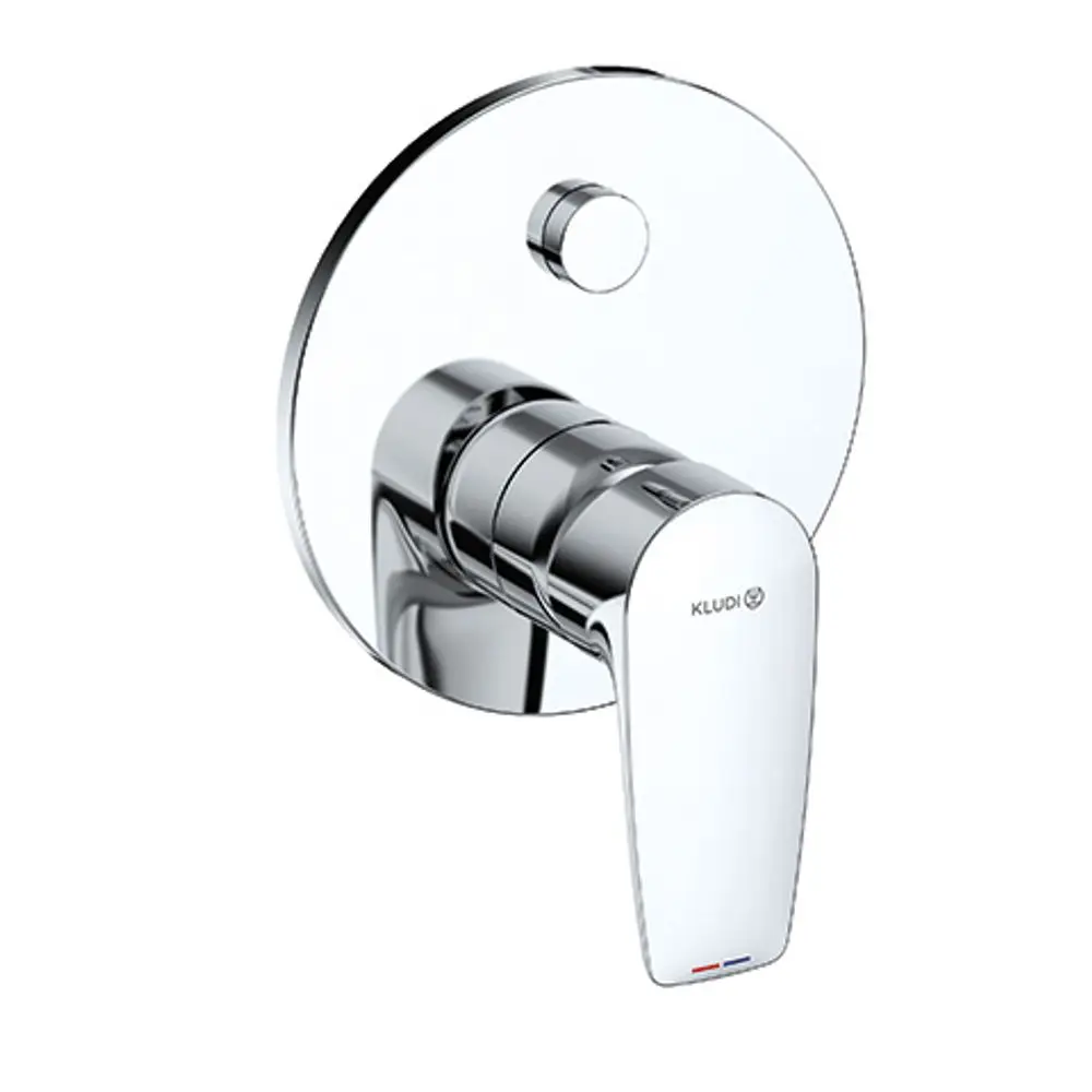 Wandmontierte Armatur in Chromoptik von Kludi mit einem runden Plattendesign und einem Hebel zur Wassersteuerung. Ideal für moderne Badezimmeranwendungen.